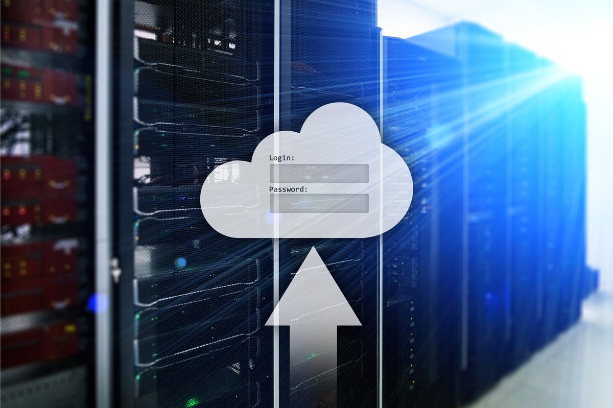 Cloud storage, data access, login and password request window on server room background. Internet and technology concept. Cloud storage, data access, login and password request window on server room background. Internet and technology concept.